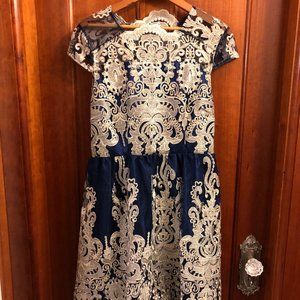 Navy blue/gold cap sleeve dress, mesh/embroidery
